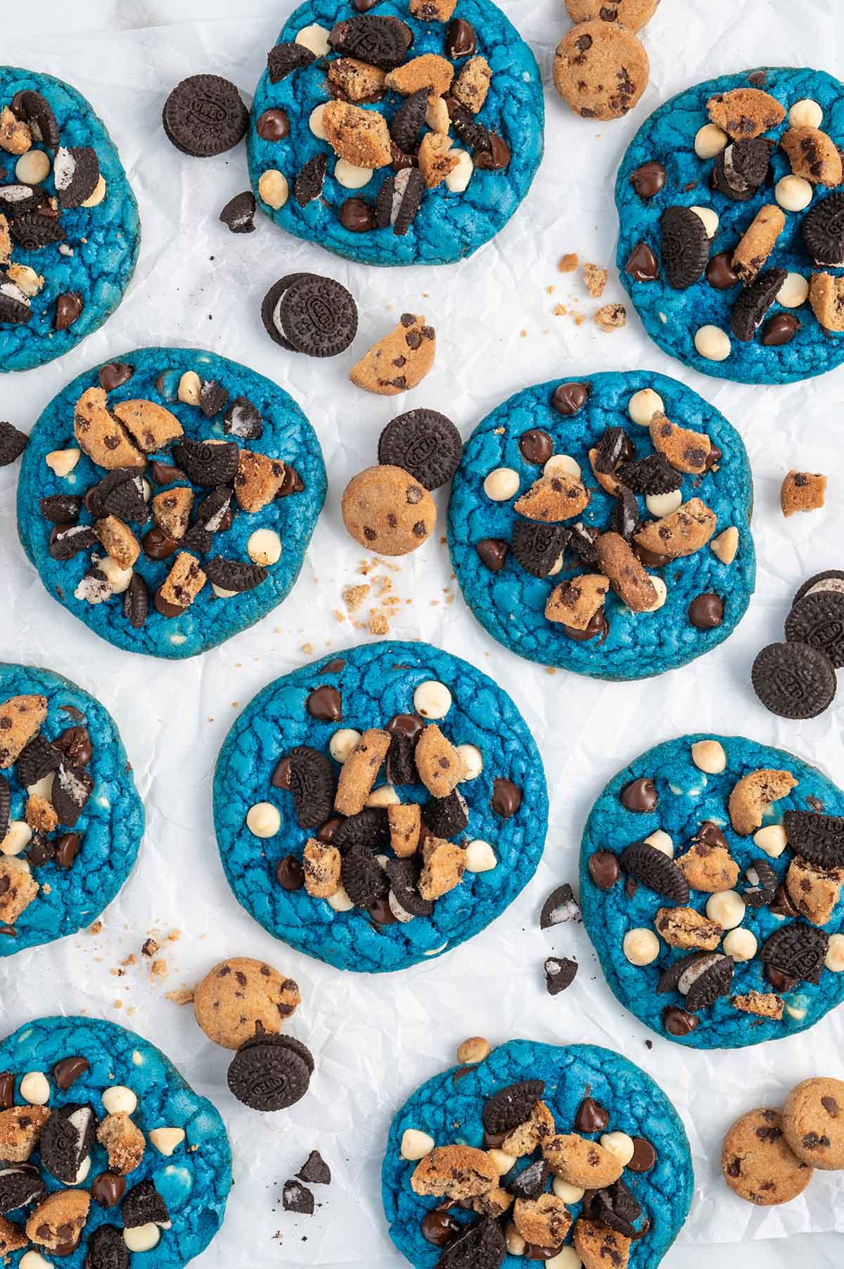 Cookie Monster Cookies on parchment paper