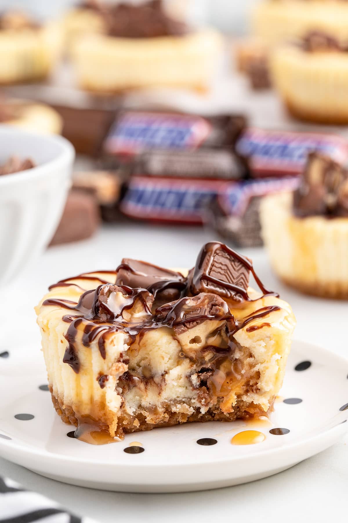 Mini Snickers Cheesecake on a plate