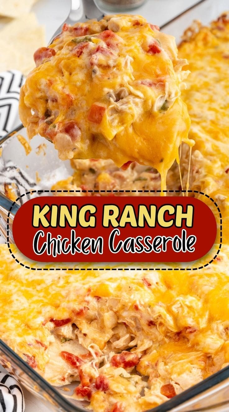 A spoon scooping out part of cheesey KIng Ranch chicken casserole