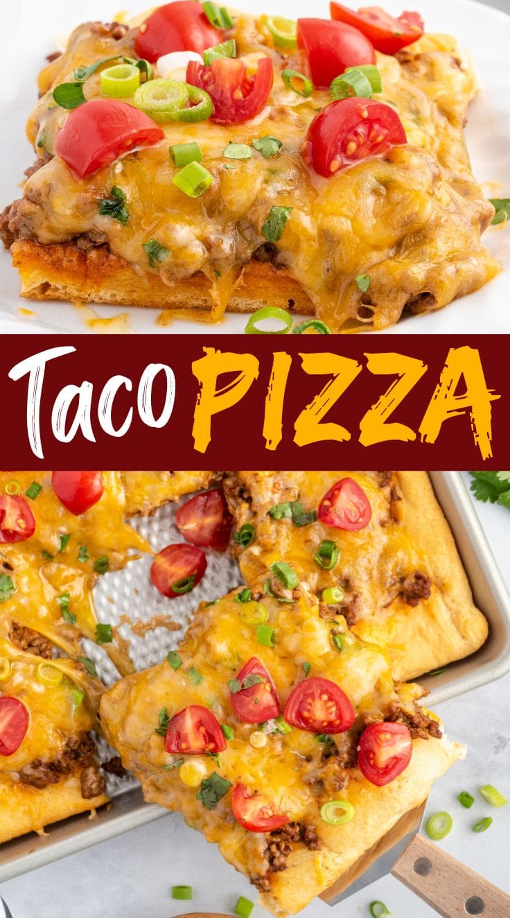 A slice of Taco Pizza topped with tomato and green onion seved on a white plate.