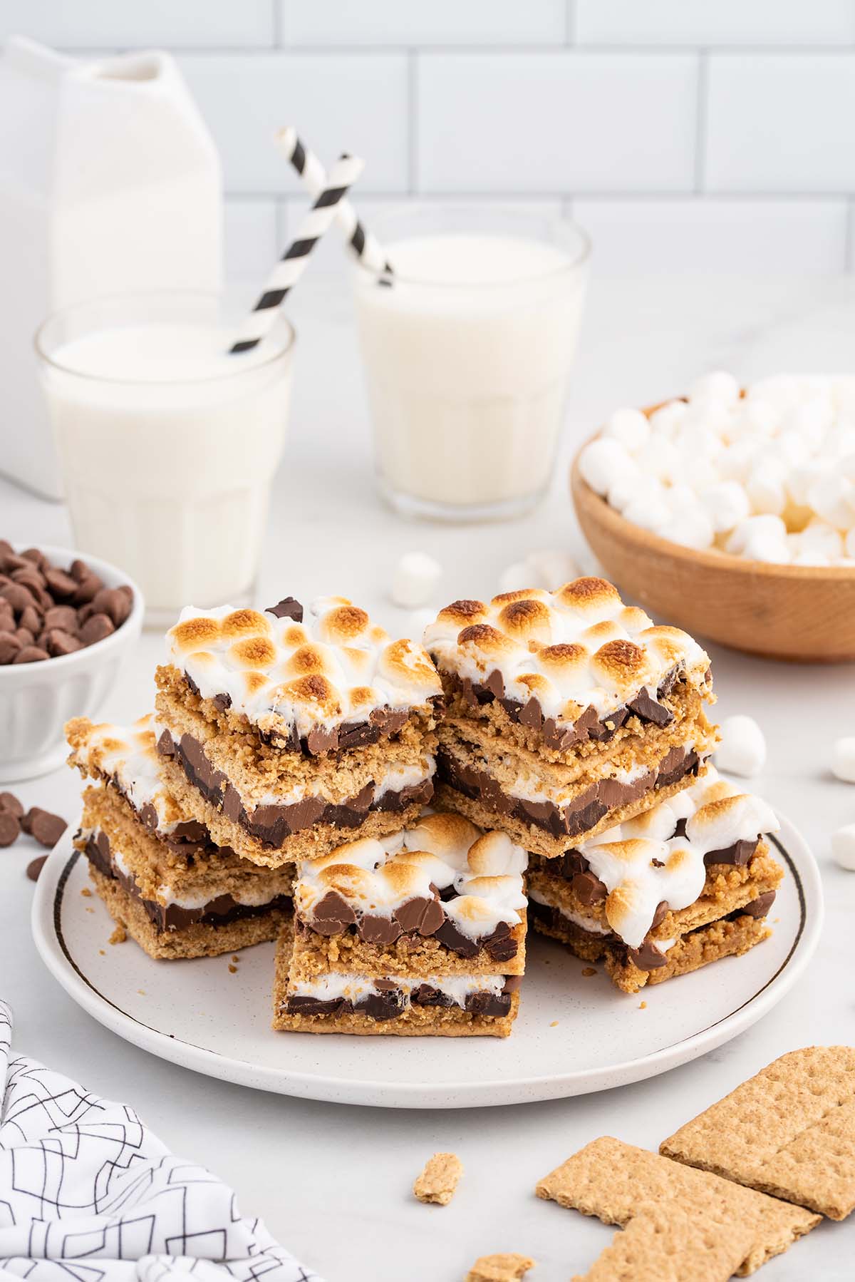 Baked S'mores stacked up on a plate