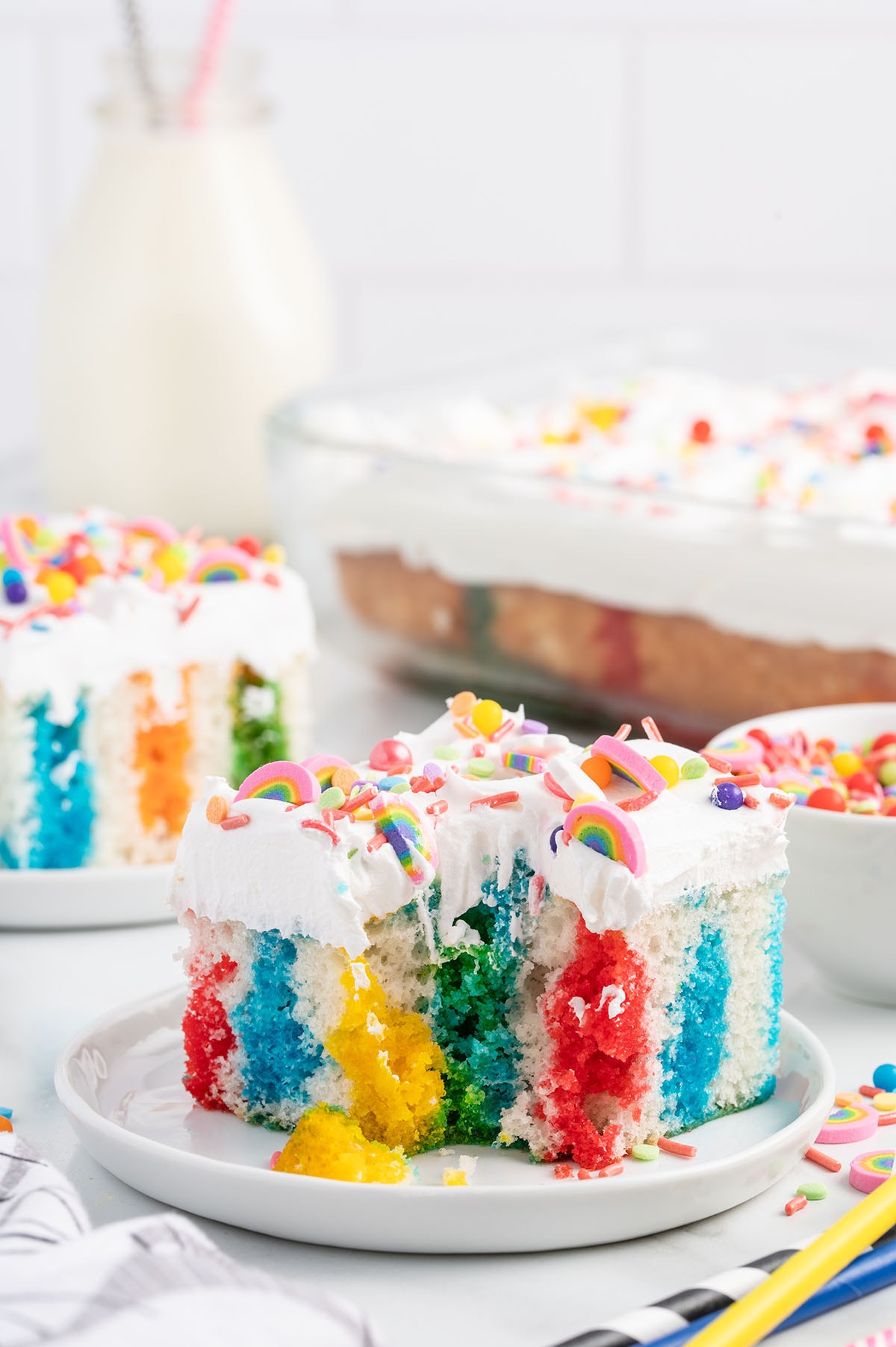 Rainbow Jello Cake on a plate