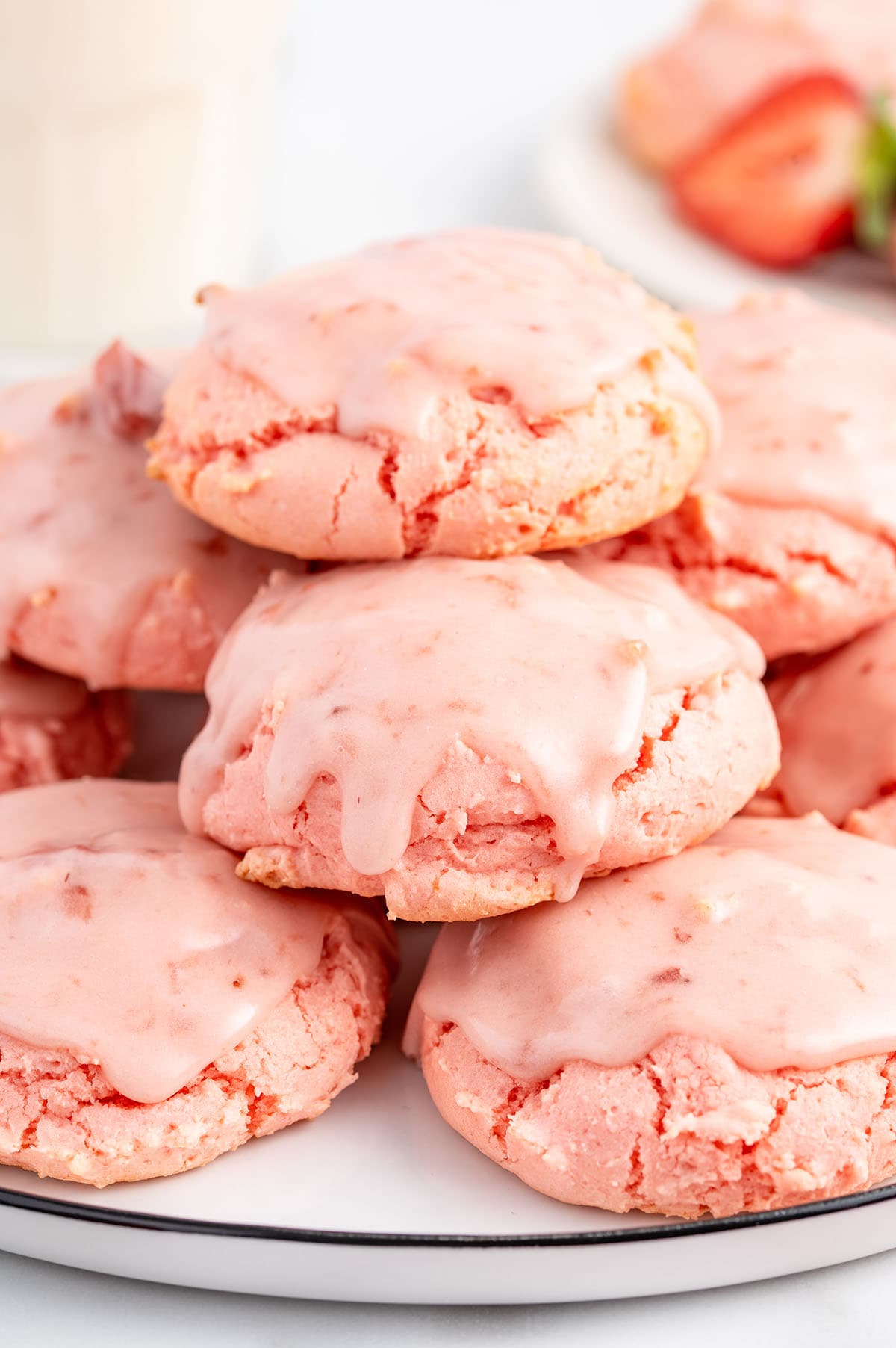 Strawberry Cookies stacked up on a plate