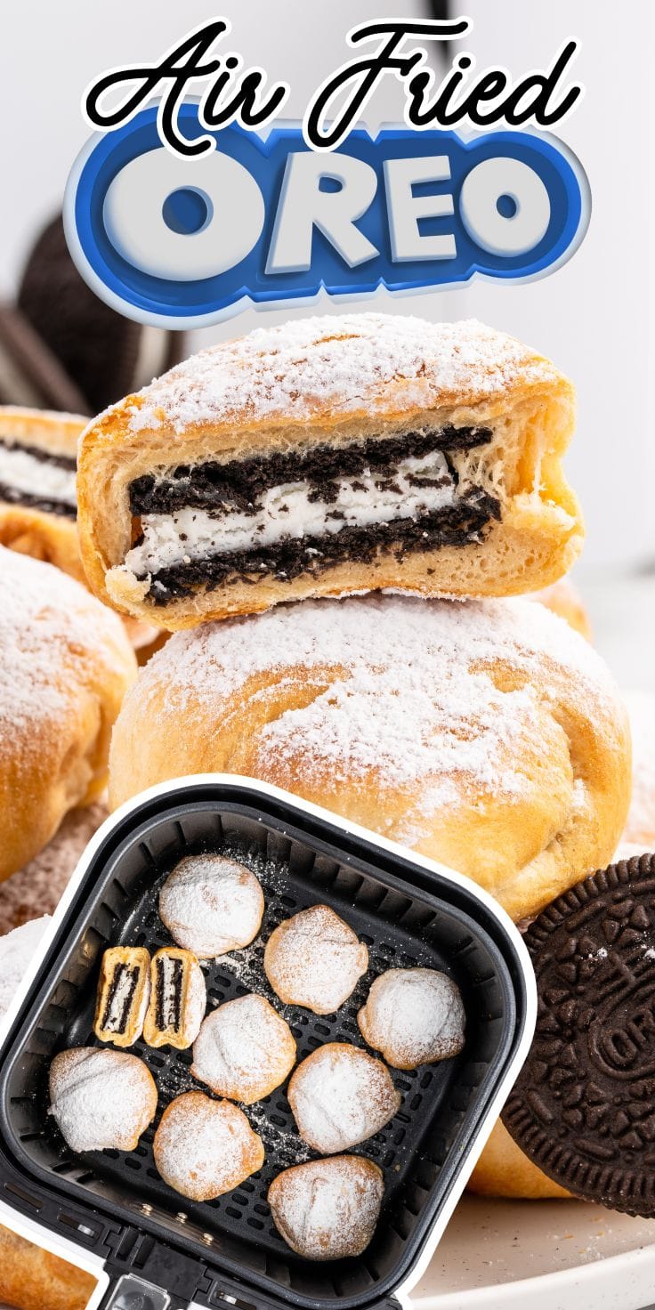 Half cut air fried oreos showing the oreos inside. air fried oreos inside an air fryer basket