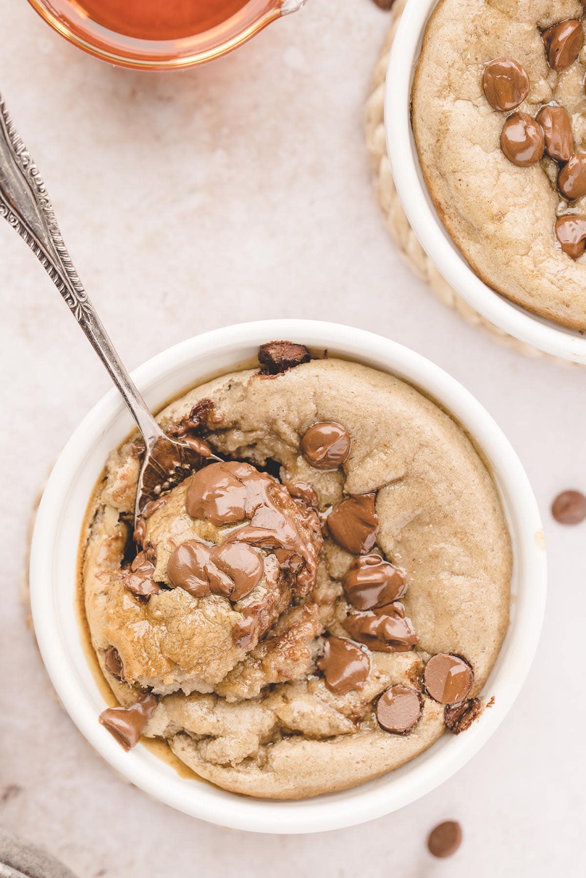 top shot of Blended Baked Oats Chocolate Chip with a spoon