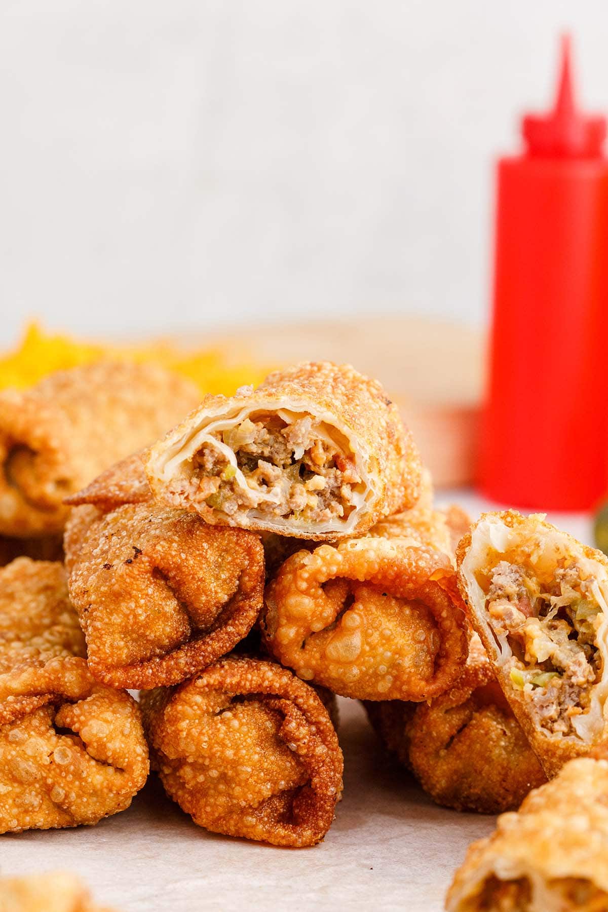 Cheeseburger Egg Rolls stacked up