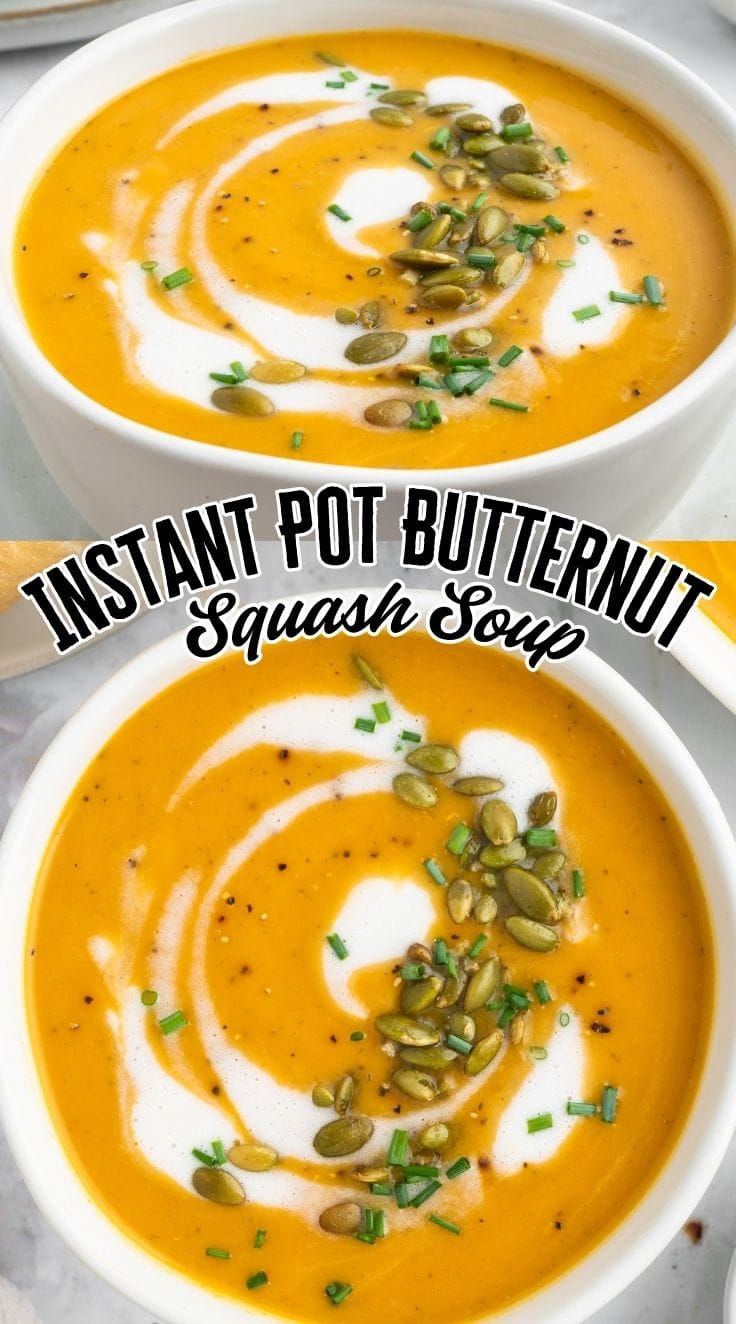 Bowl of creamy instant pot butternut squash soup topped with herbs