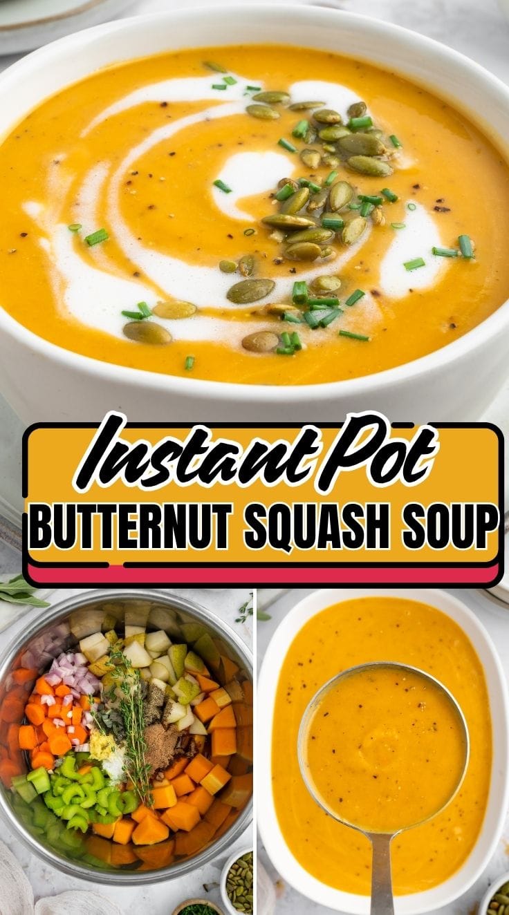 Bowl of creamy instant pot butternut squash soup topped with herbs, perfect for cozy fall dinners. Instant Pot Butternut Squash Soup ingredients in an instant pot