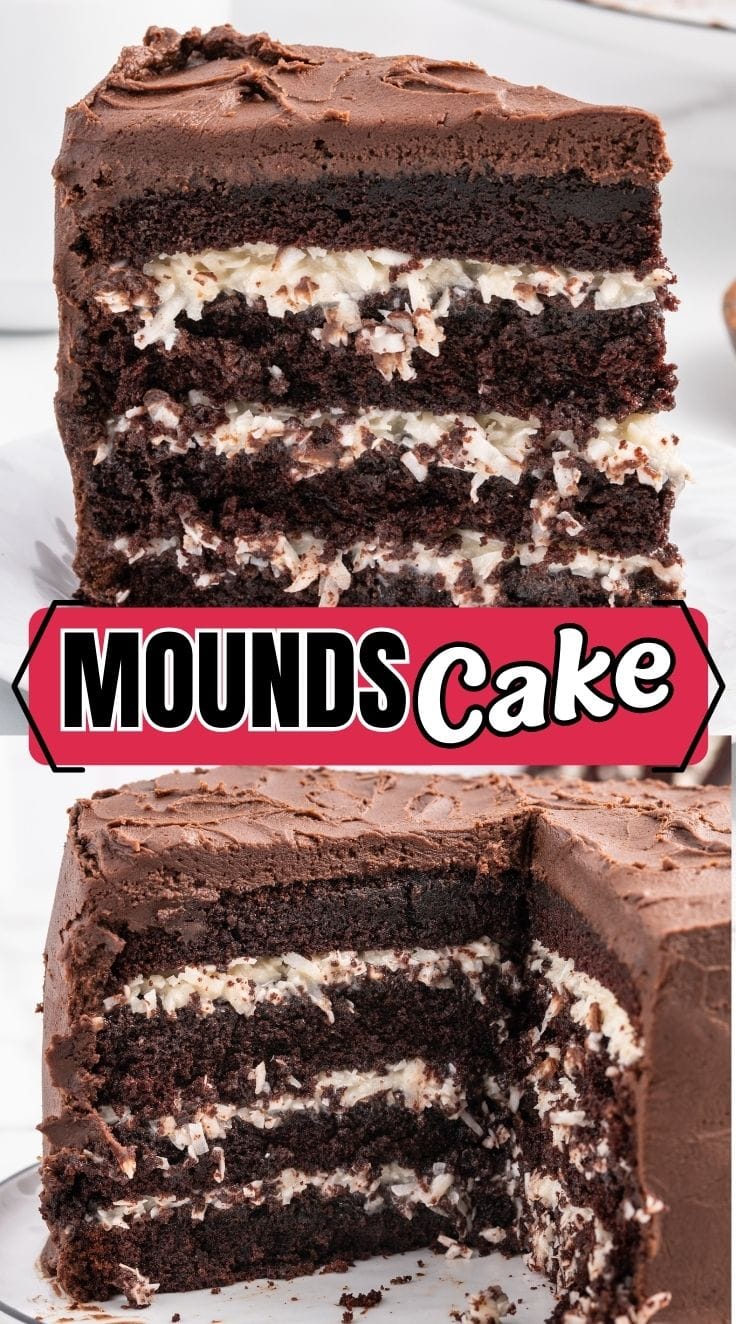 A slice of rich and dense Mounds Cake