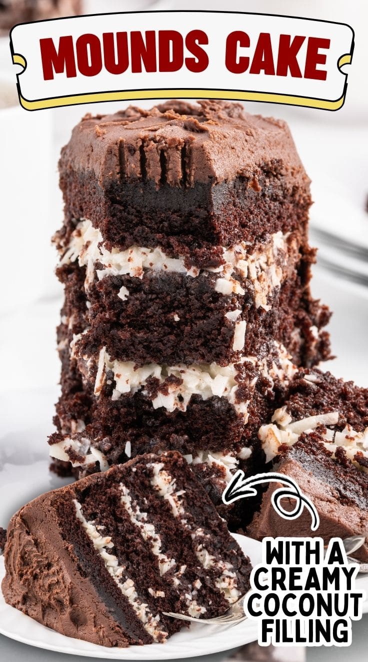 A slice of rich and dense Mounds Cake served on a plate