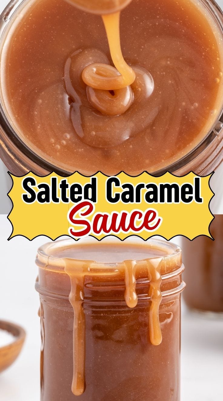 Salted Caramel Sauce overflowing from the rim of an overfilled glass jar.