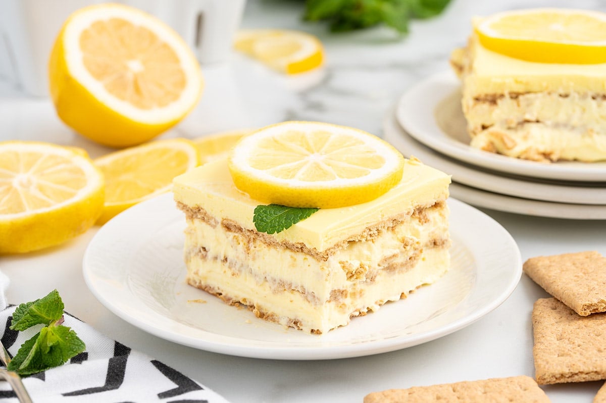 Lemon Eclair Cake on a plate