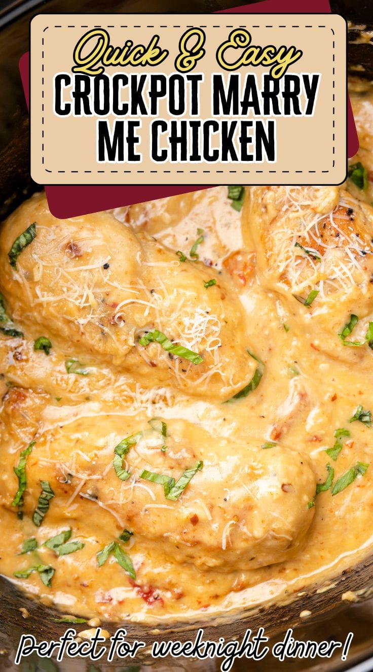 Creamy crockpot marry me chicken in crockpot topped with parmesan