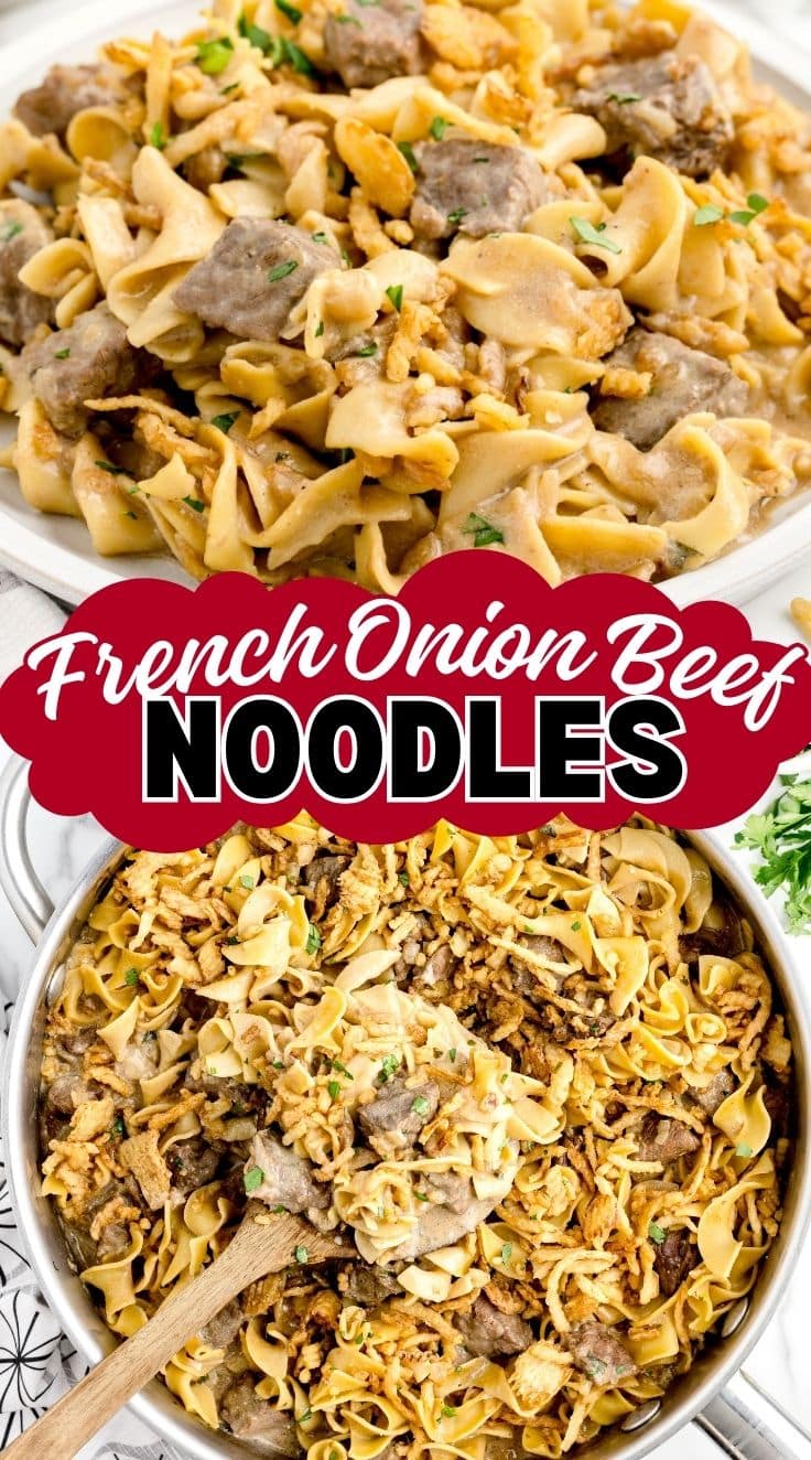 A wooden spatula digging into French Onion Beef and Noodles in a skillet