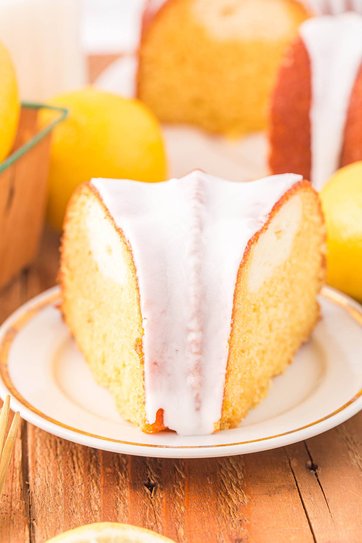 Lemon Bundt Cake sliced on a plate