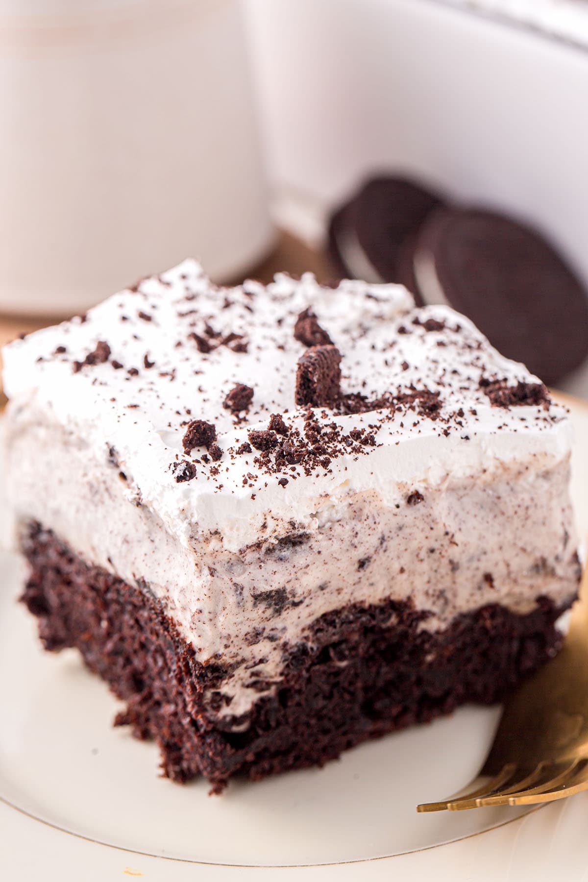 Cookies and Cream Poke Cake on a plate