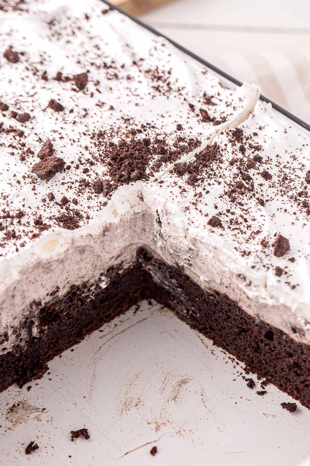 showing the inside of Cookies and Cream Poke Cake