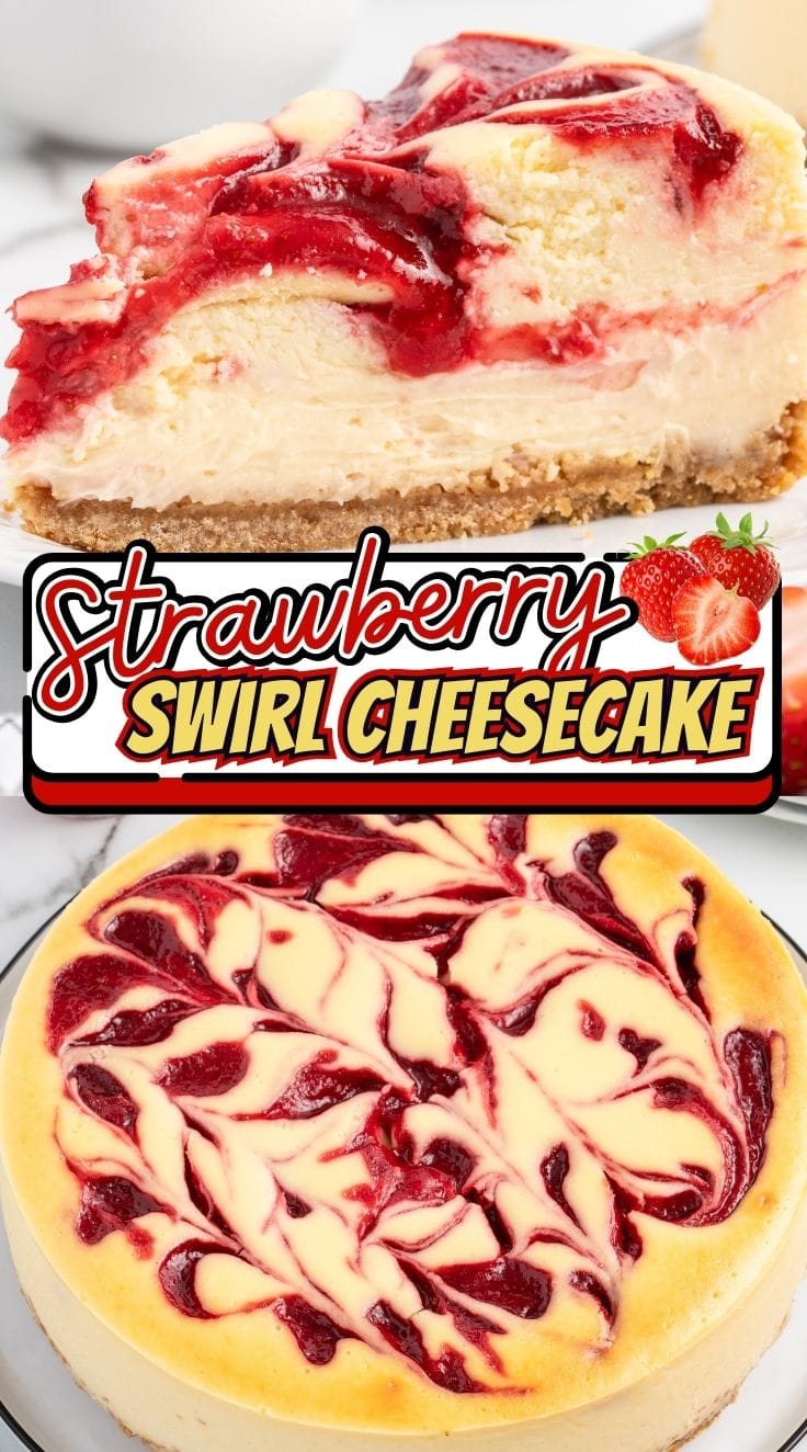 A whole Strawberry Swirl Cheesecake served on a white plate