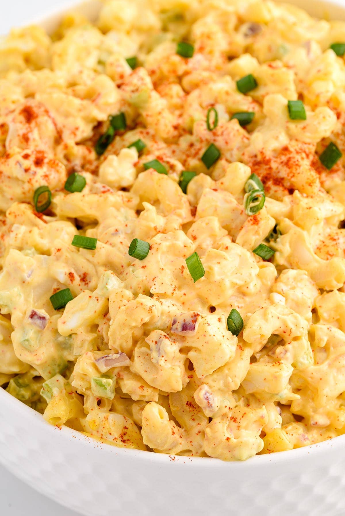 deviled egg pasta salad in a bowl. 