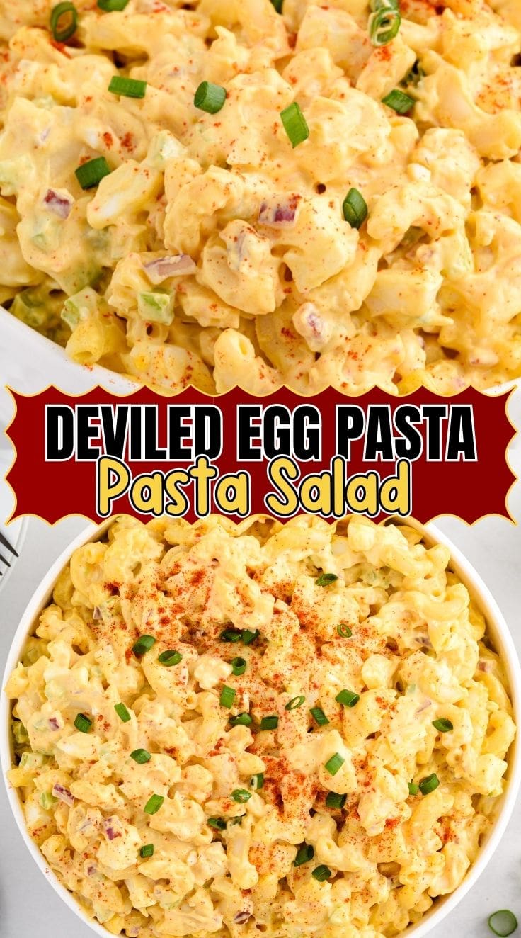 Deviled egg pasta salad with elbow macaroni, hard boiled eggs, and creamy dressing in a serving bowl.