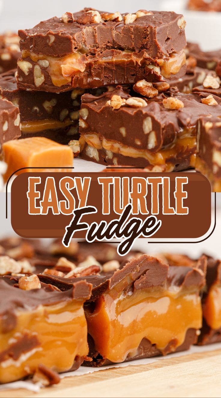 A stack of turtle fudge with oozing caramel coming out