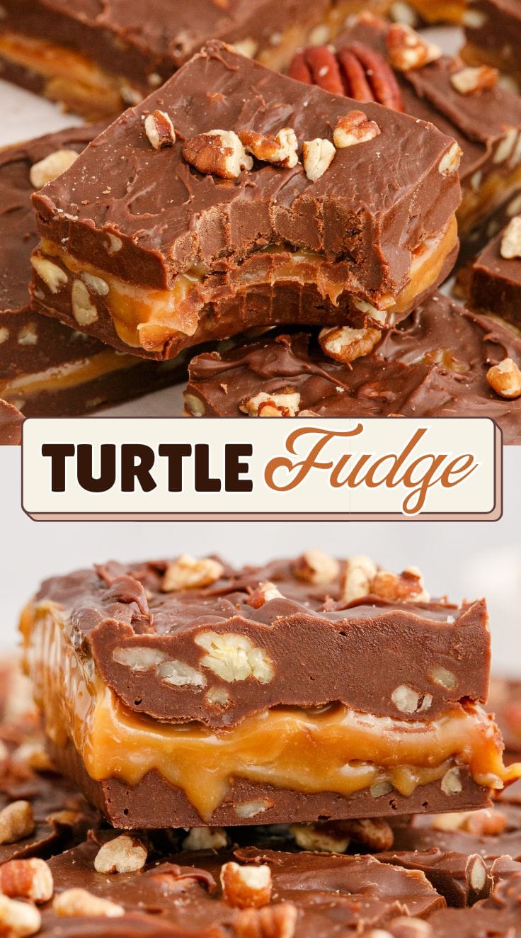 Close up of half bitten turtle fudge put on top of other fudges