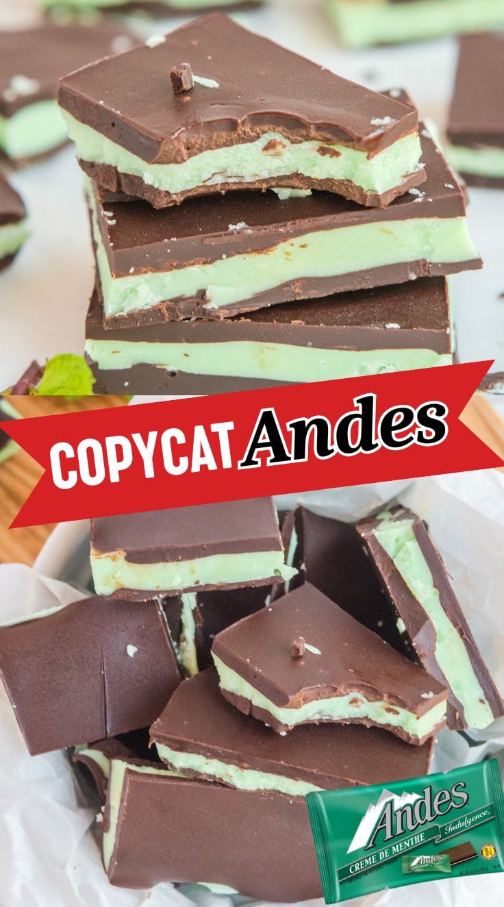 Homemade copycat Andes mints with layered chocolate and mint filling stacked on top of each other