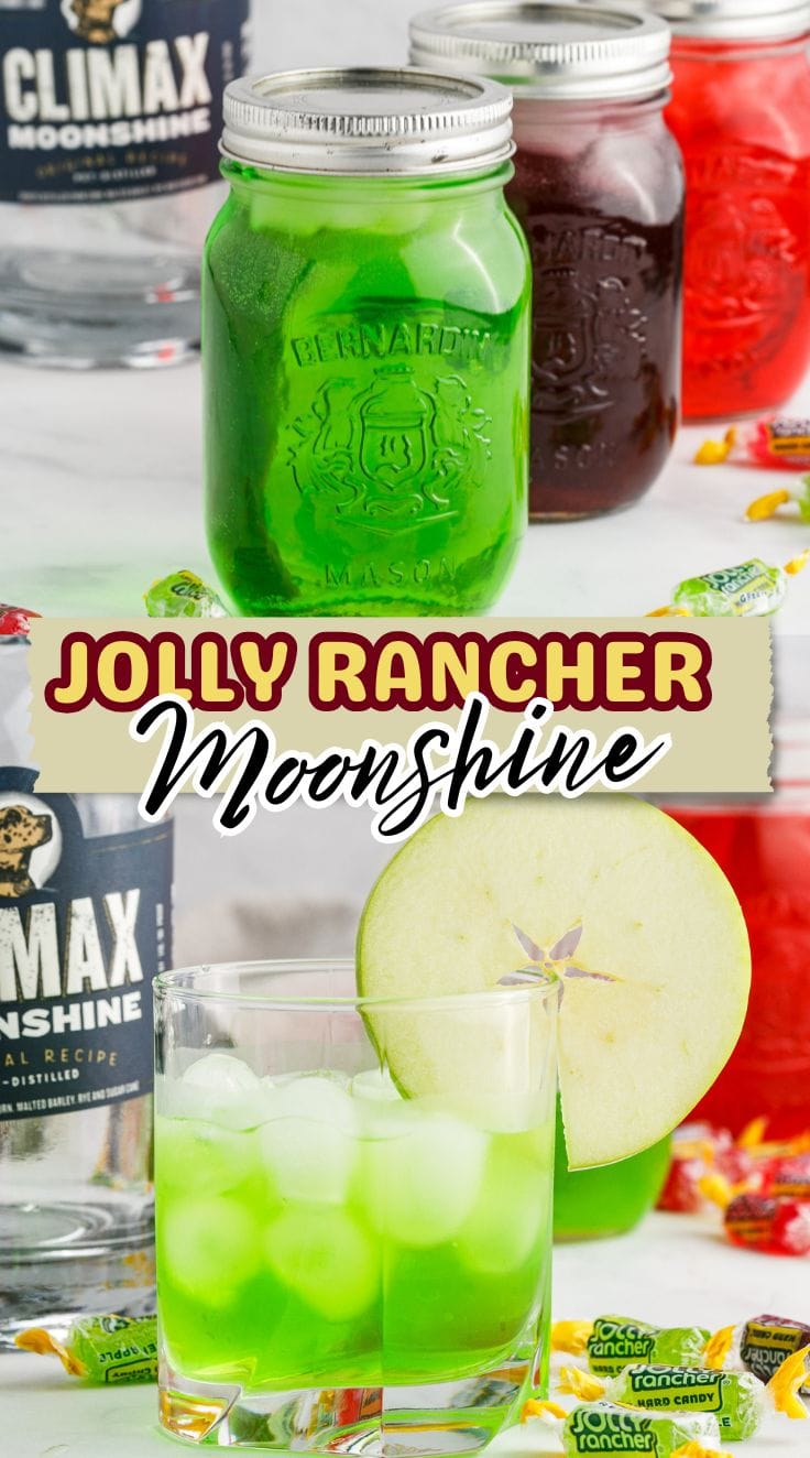 Three mason jars filled with Jolly Rancher Moonshine. A glass of Jolly Rancher Moonshine with Jolly Rancher candies around it.
