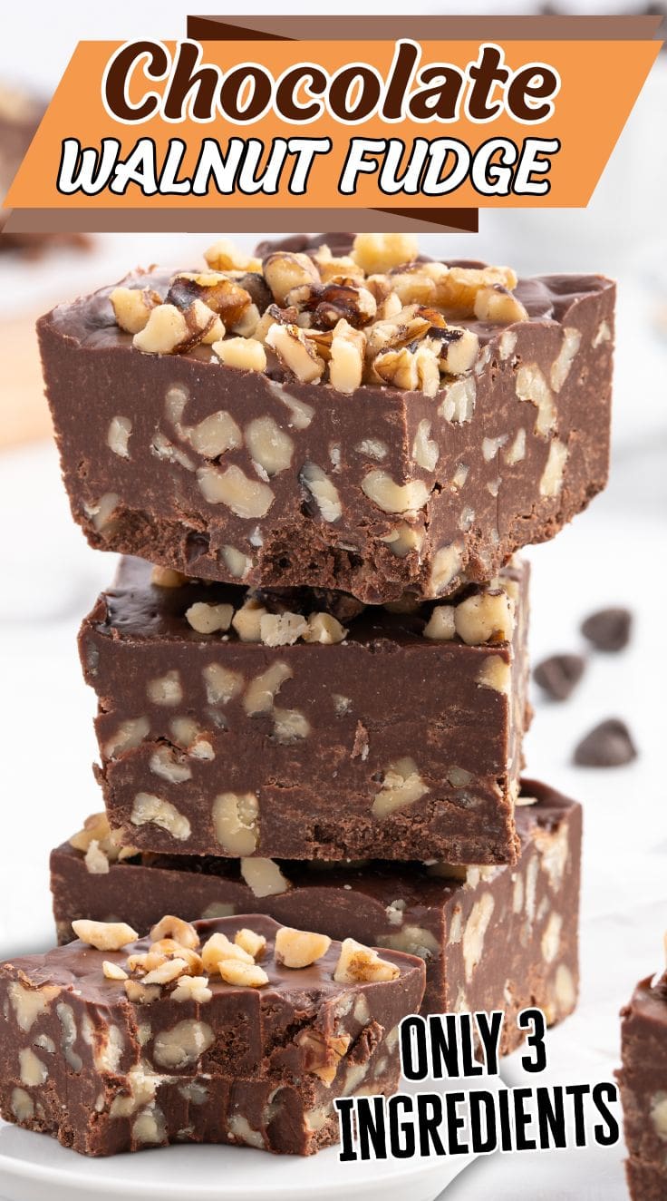 Thick, creamy chocolate walnut fudge squares topped with crunchy walnuts