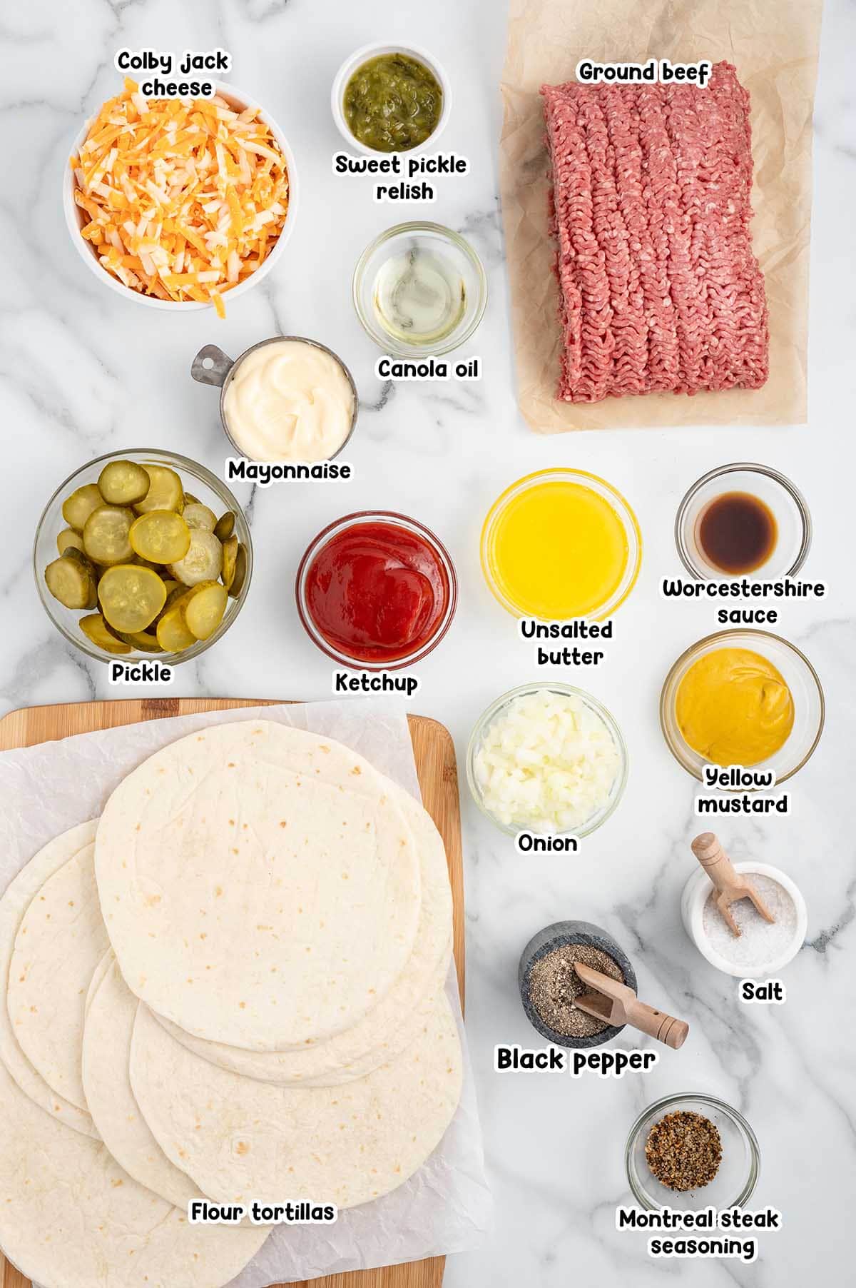 Cheeseburger Quesadilla ingredients.