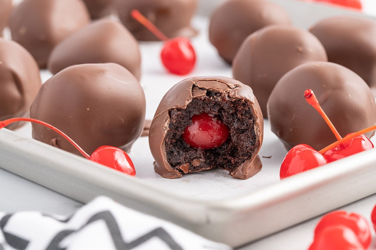 Chocolate Brownie Cherry Bombs on a tray
