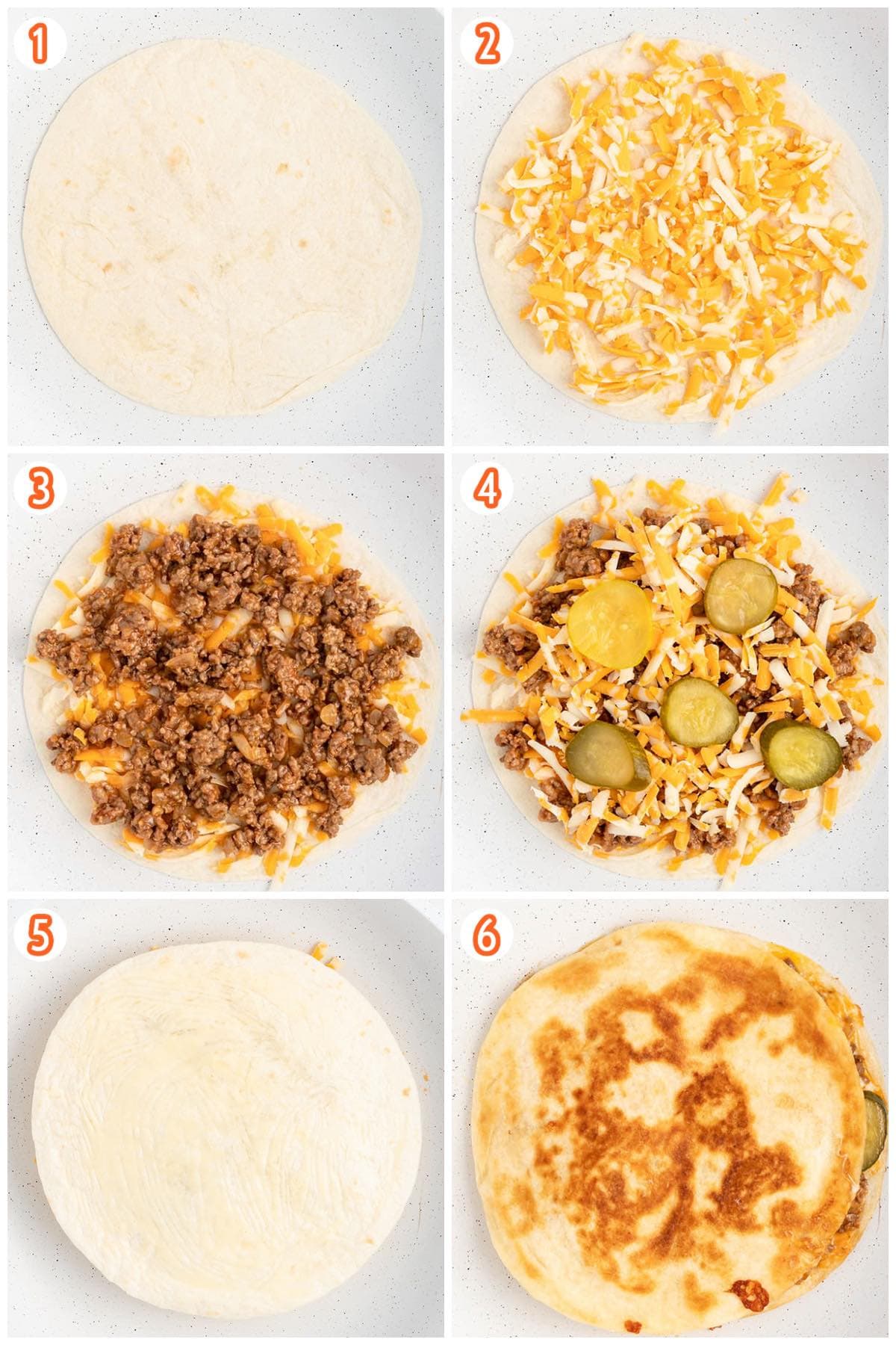 Flour tortilla with shredded cheese, seasoned ground beef, more cheese, and pickles, topped with another tortilla, then pan-cooked until golden brown.