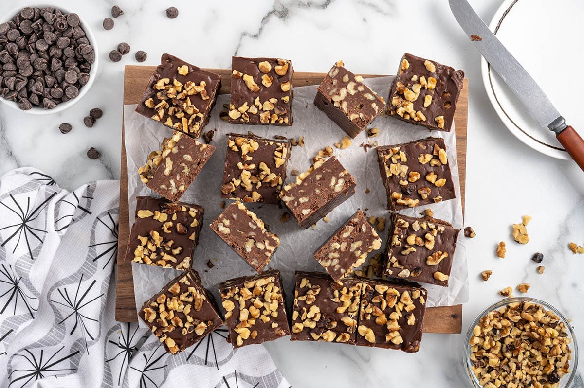walnut chocolate fudge cut into squares