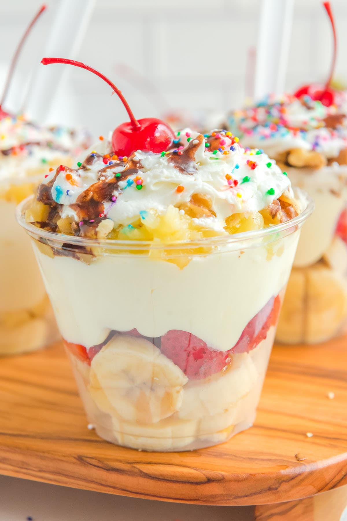 Banana Split Pudding Cups in a clear cup