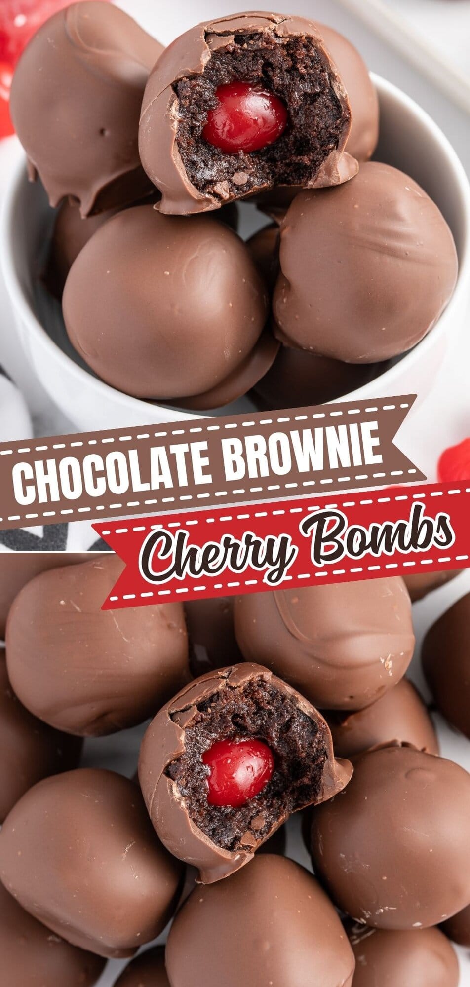 A bunch of chocolate Brownie Cherry Bombs with one piece being bitten, showing the brownies texture and cherry inside.