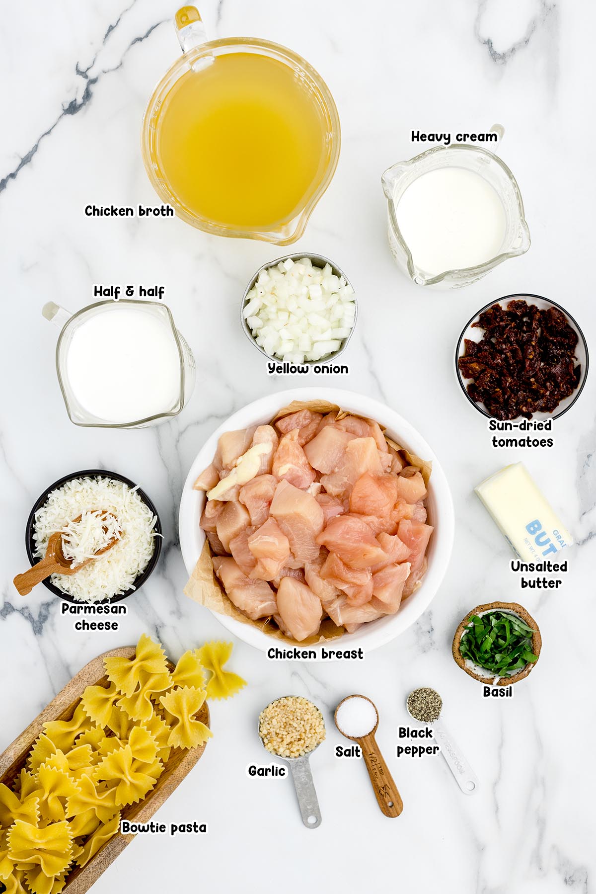creamy bowtie pasta ingredients.