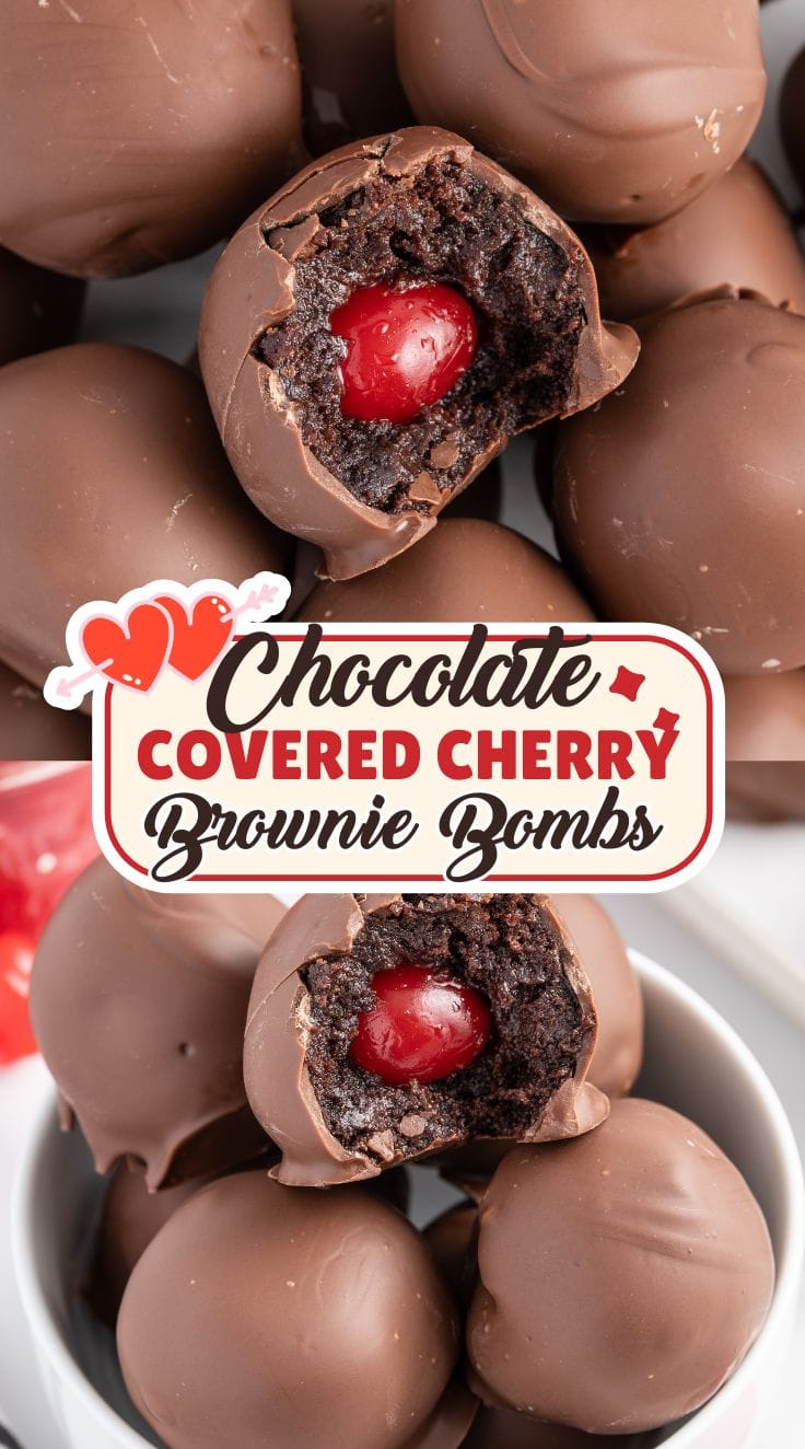 Half bitten Chocolate Brownie Cherry Bombs with whole cherry in the middle
