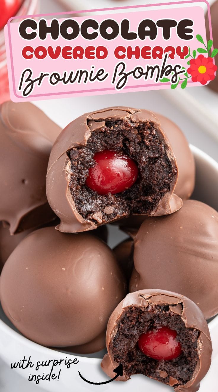 A pile of Chocolate Brownie Cherry Bombs served in a white bowl.