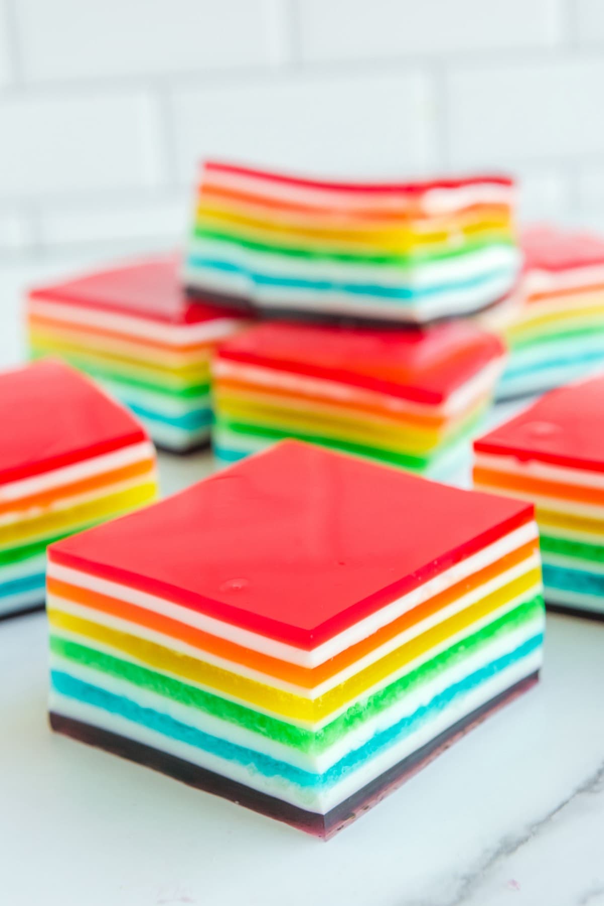 Rainbow Jello cut into squares