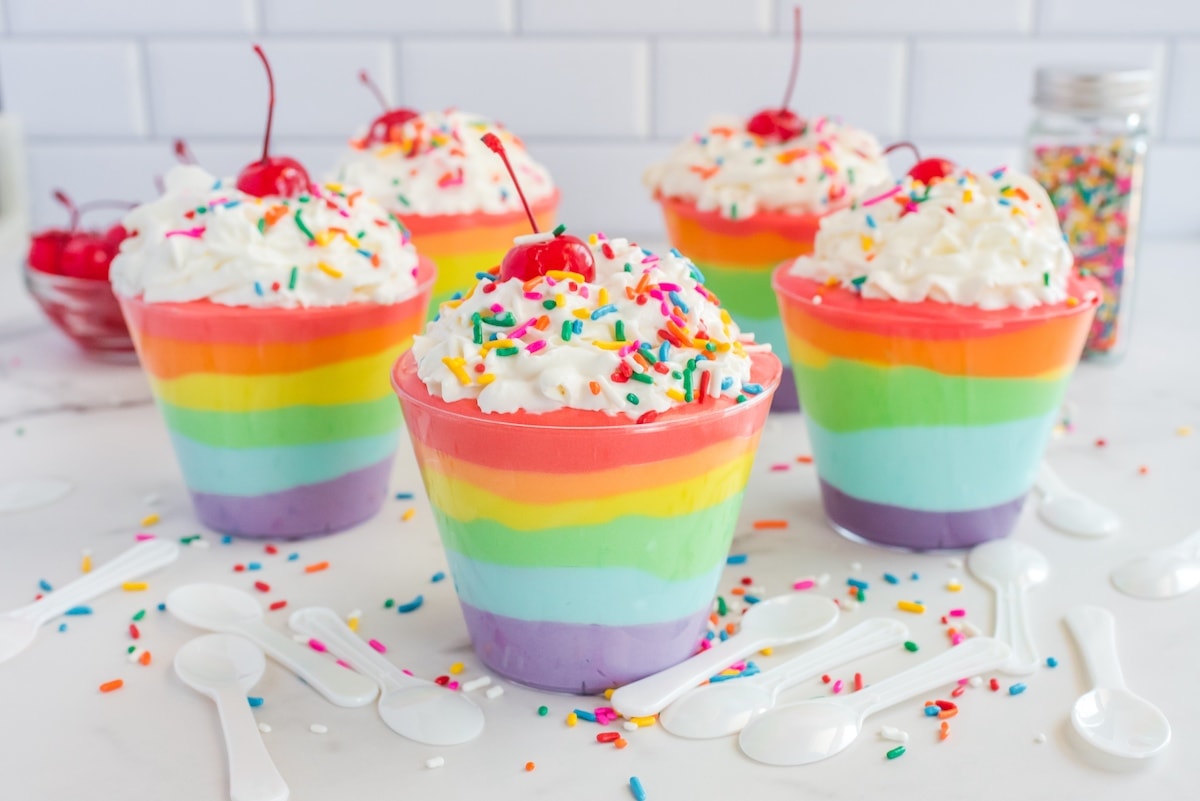 Rainbow Pudding Cups with sprinkles