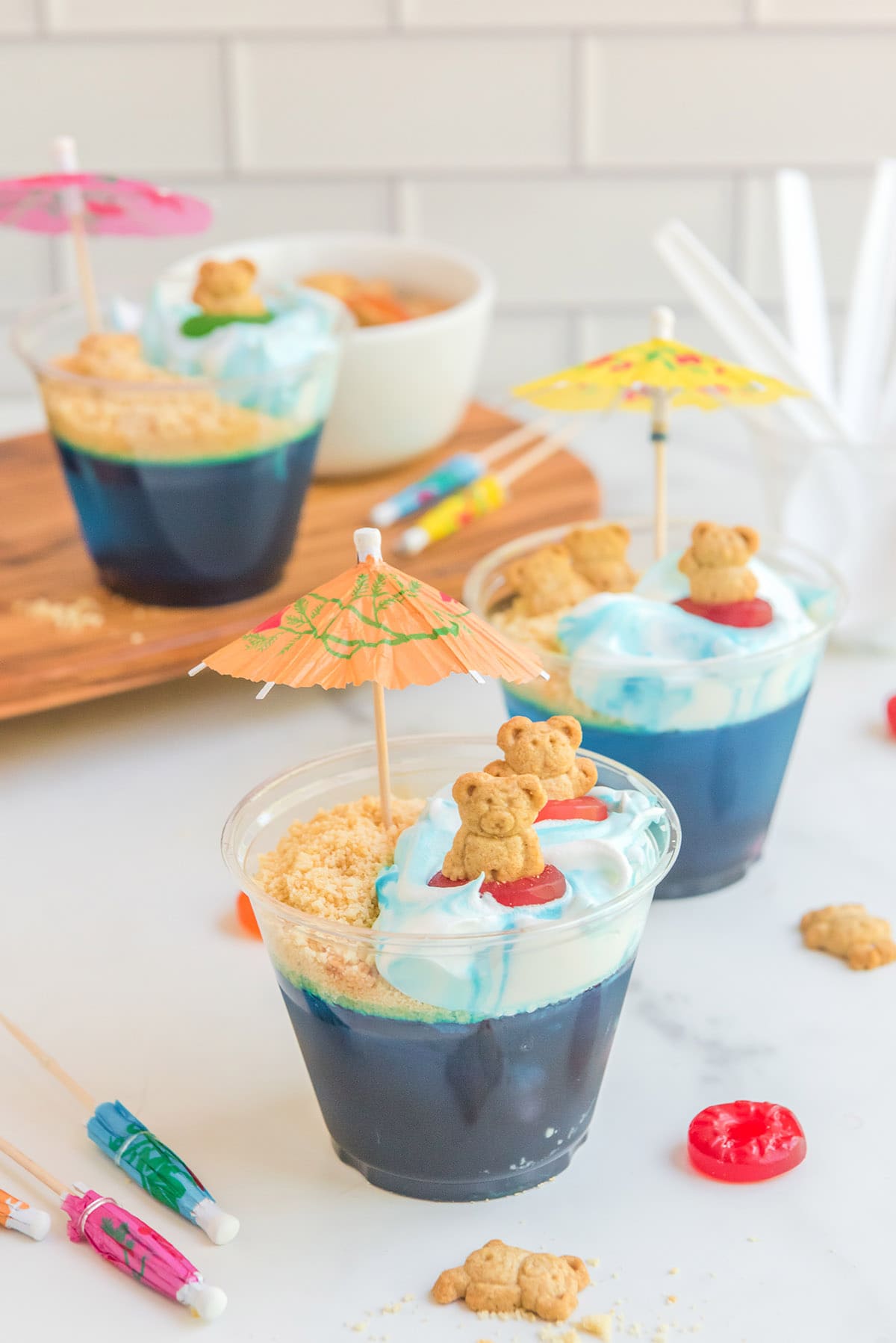 three Beach Party Jello Cups with toppings