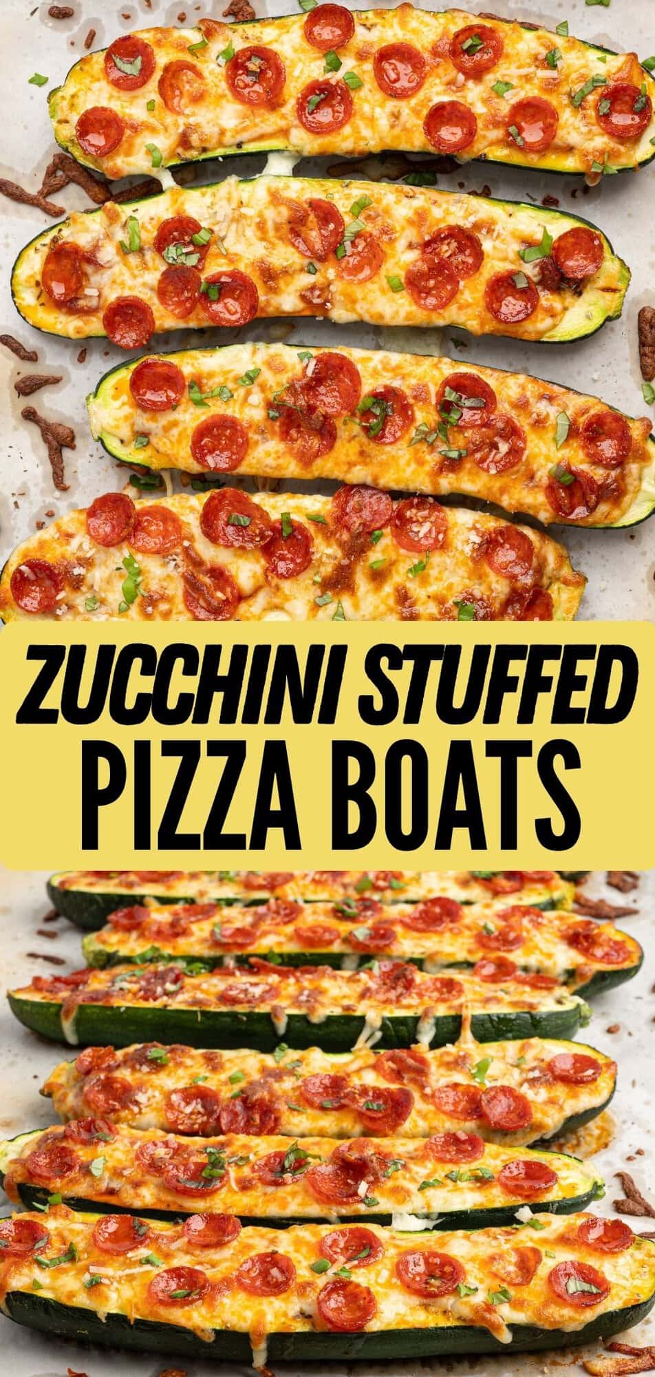 Zucchini Stuffed Pizza Boats topped with bubbly melted cheese, mini pepperoni, and chopped fresh basil.