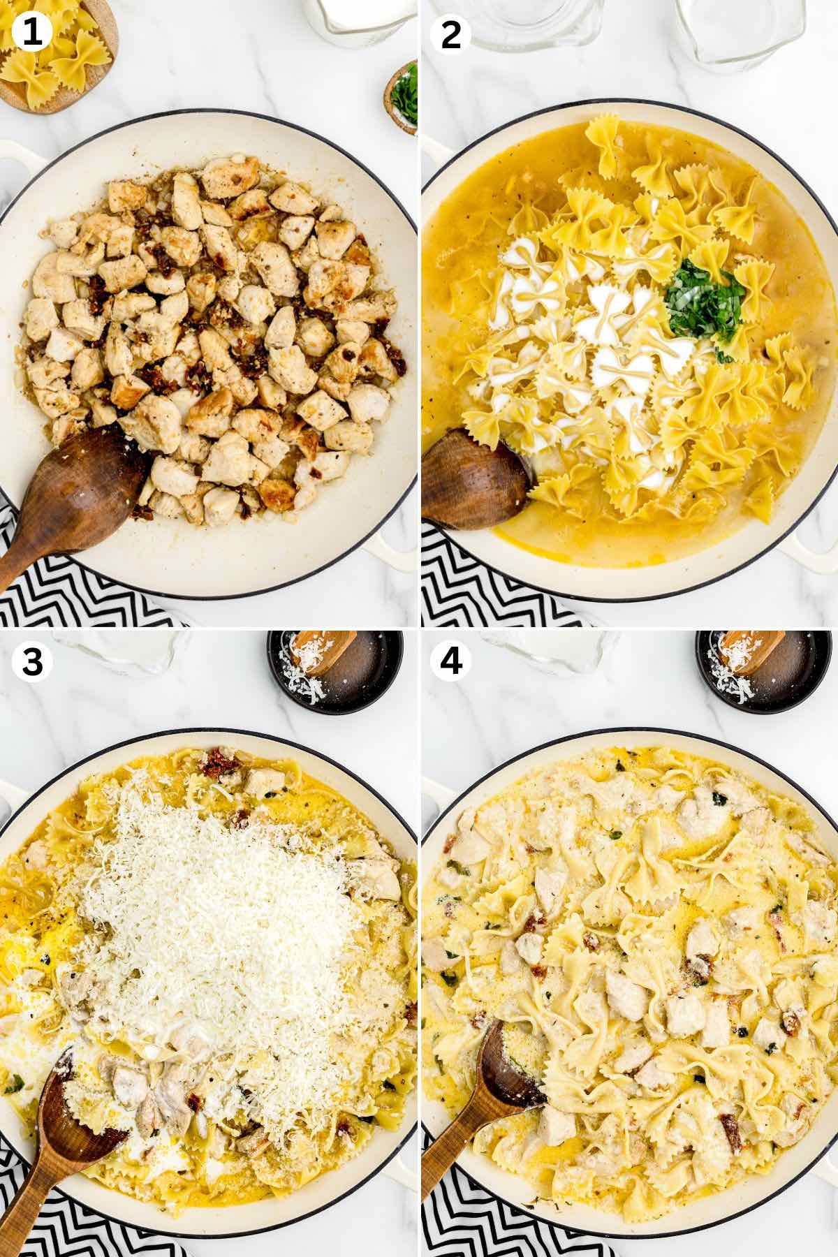 Chicken is browned, vegetables and sun-dried tomatoes are sautéed, pasta is simmered with broth and cream, and finished with Parmesan.