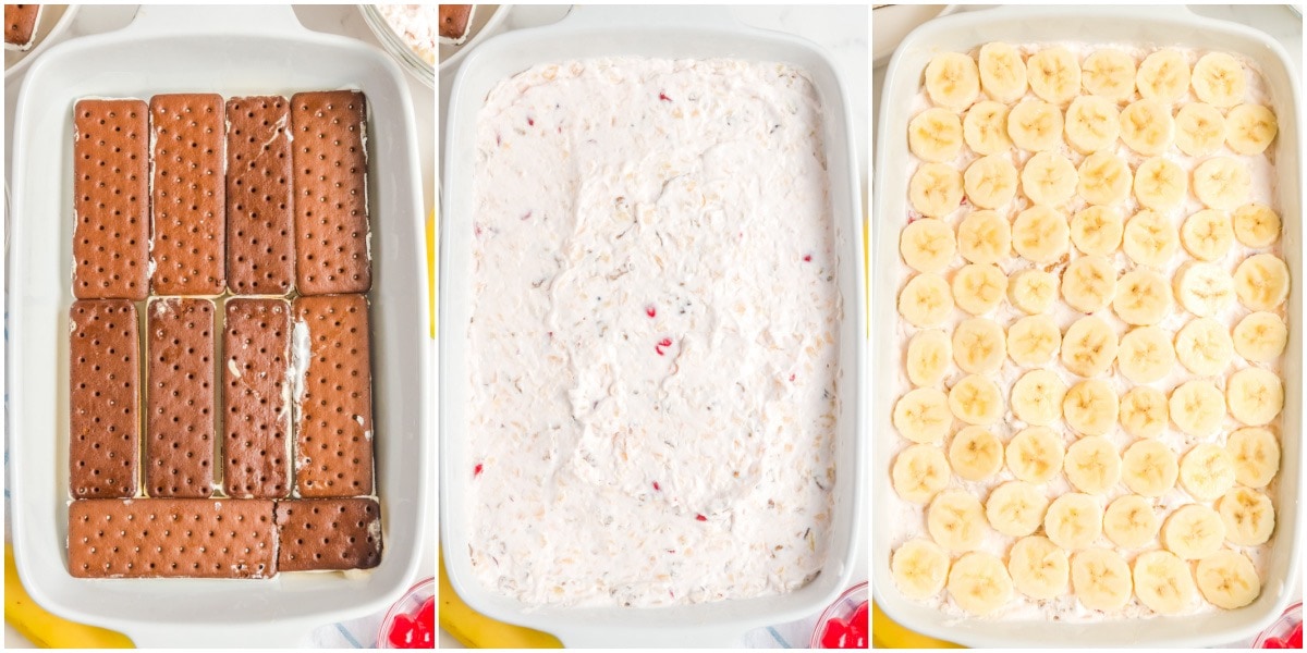 Banana Split Ice Cream Sandwich Cake collage 1
