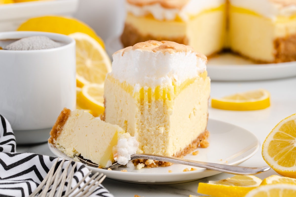lemon meringue cheesecake on a plate