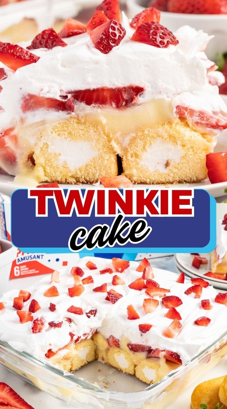 twinkie cake decorated with chopped strawberries on top.