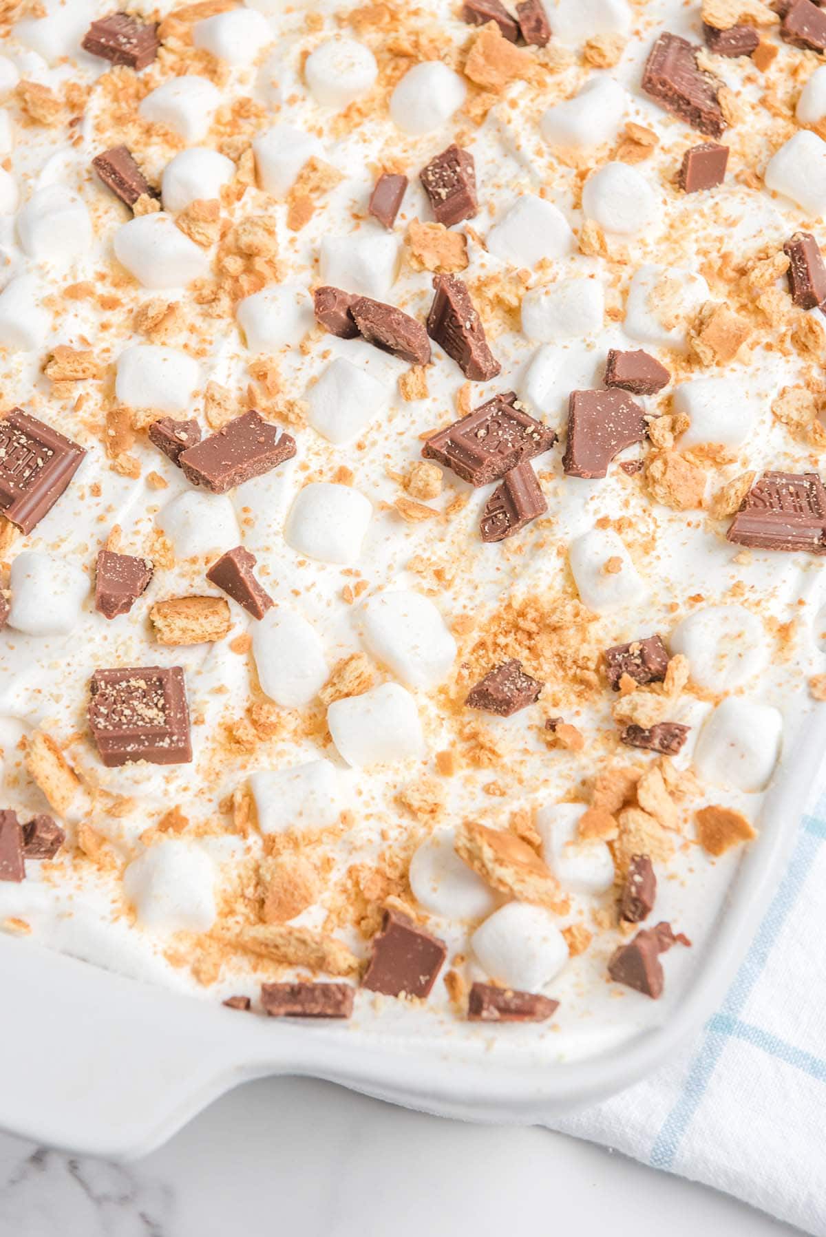 S'mores Ice Cream Sandwich Cake in a baking dish