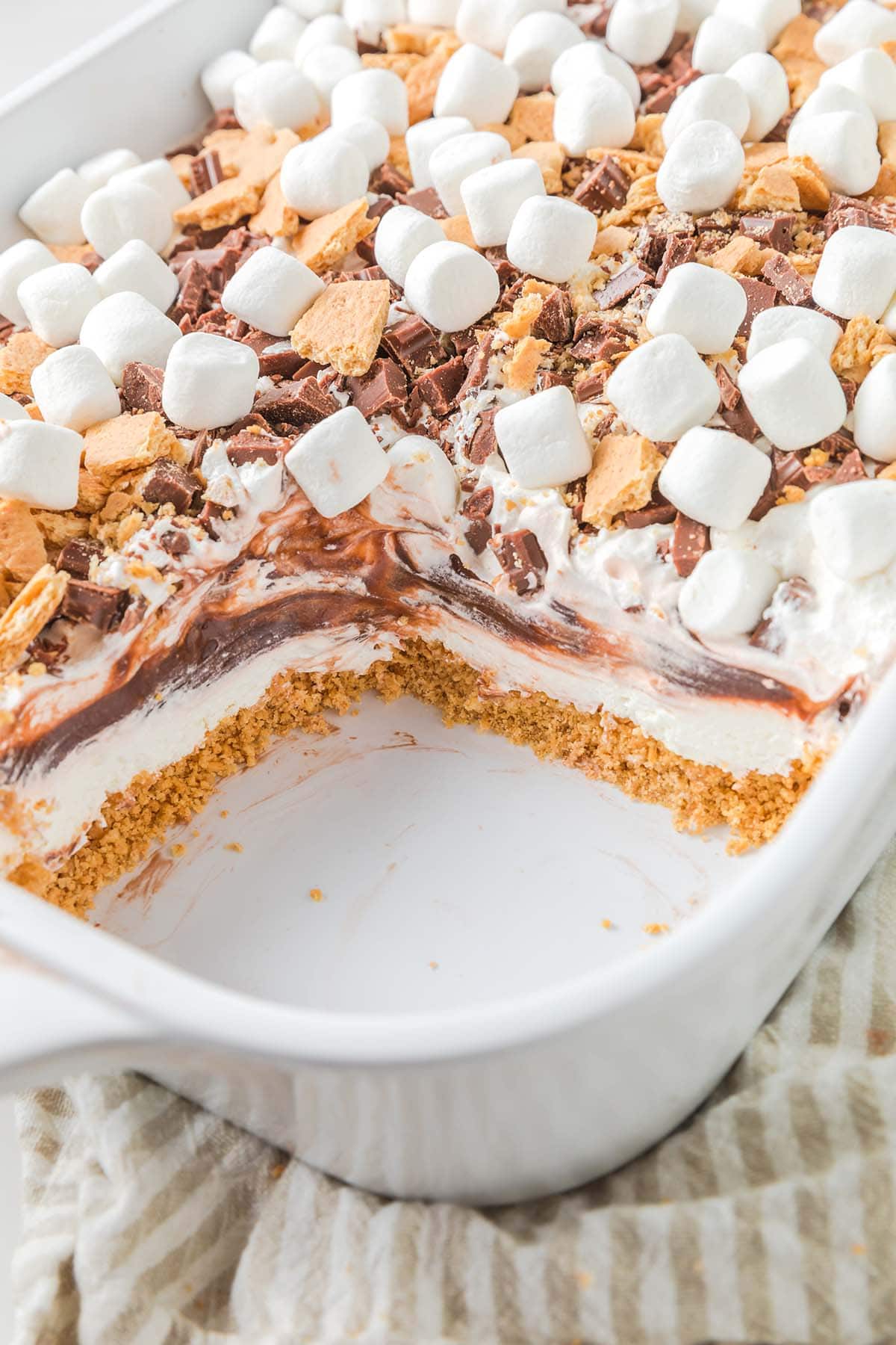 S'mores Lush Cake in a baking dish