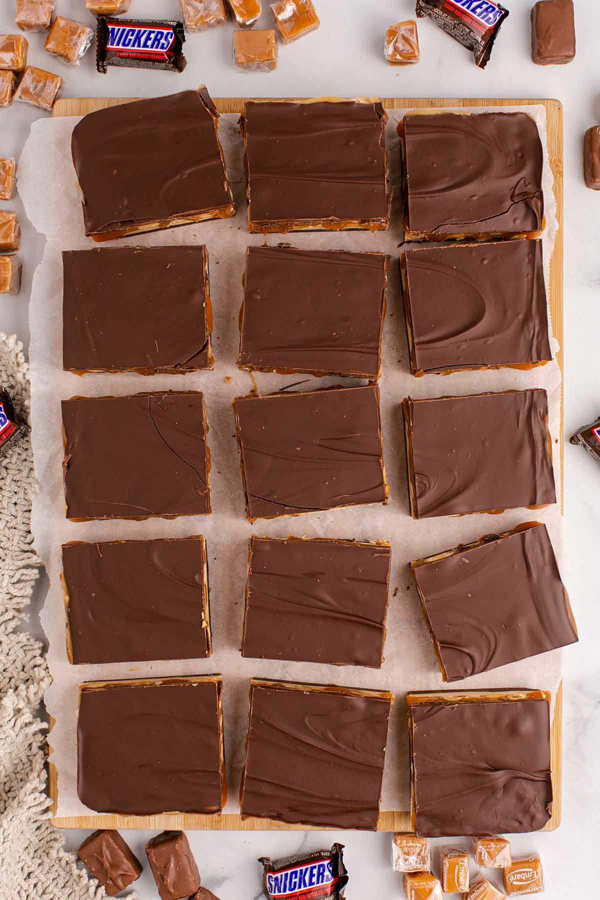 Homemade Snicker Bars cut into squares