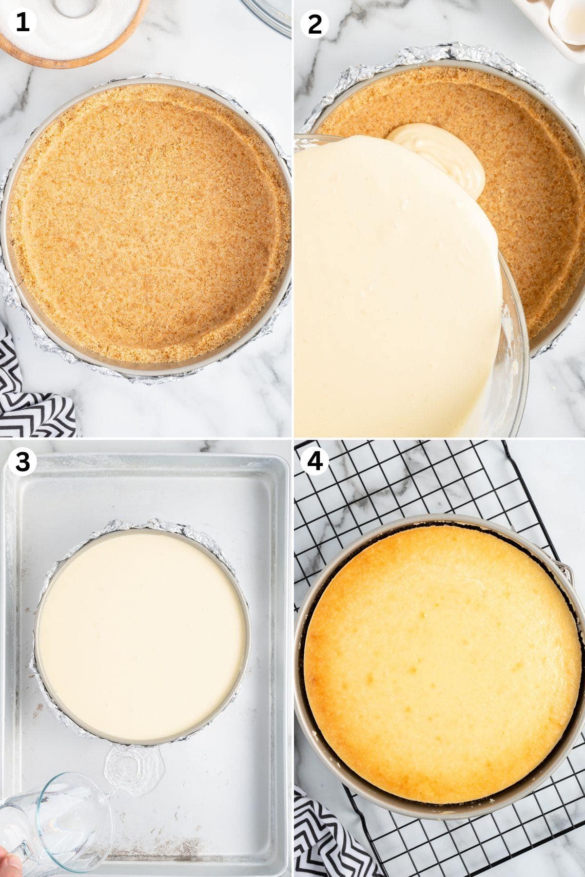 Graham cracker crust in a springform pan, cheesecake batter being poured over the crust, pan placed in a water bath, and baked cheesecake cooling on a wire rack.